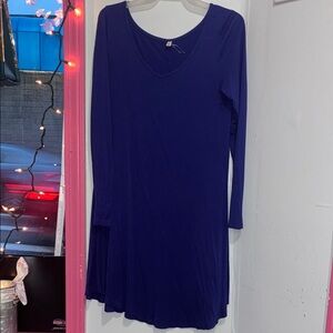 Long Sleeve V-Neck Swing Dress - Deep Blue